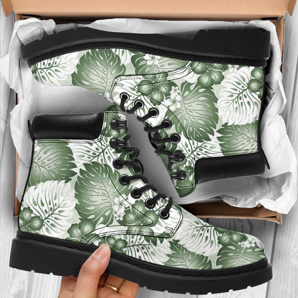 Sage Green Aloha Hawaii All Season Boots Monstera Hibiscus Plumeria Seamless Vibes - Polynesian Pride