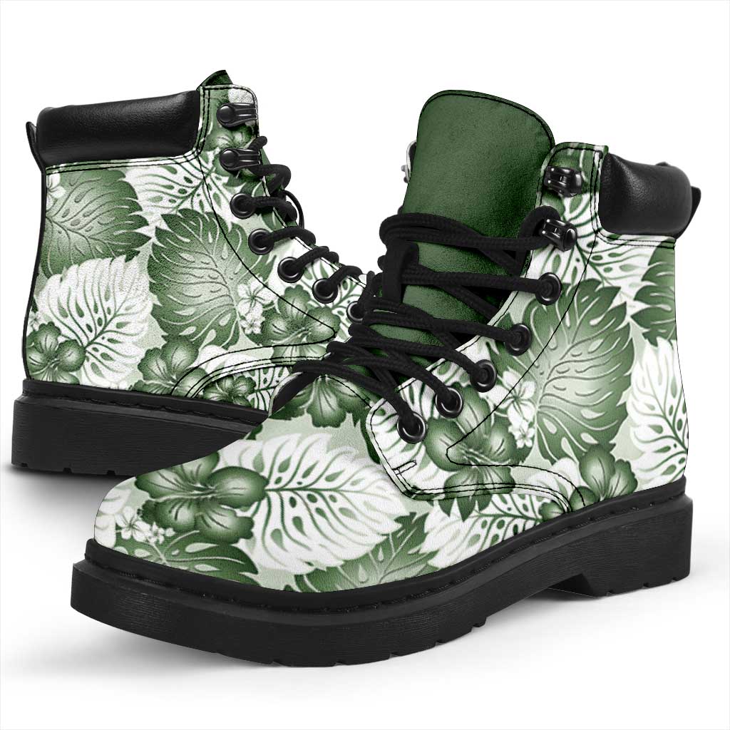 Sage Green Aloha Hawaii All Season Boots Monstera Hibiscus Plumeria Seamless Vibes - Polynesian Pride