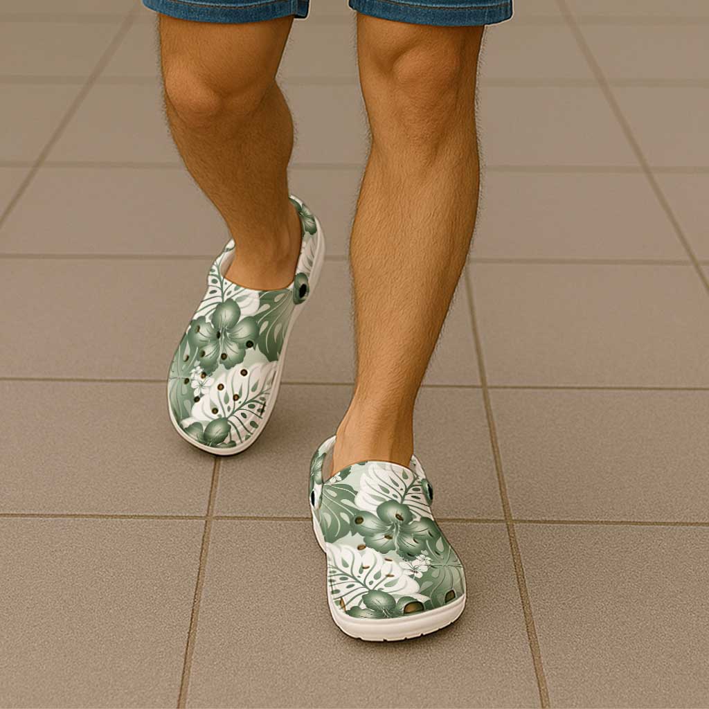Sage Green Aloha Hawaii Clogs Shoes Monstera Hibiscus Plumeria Seamless Vibes - Polynesian Pride