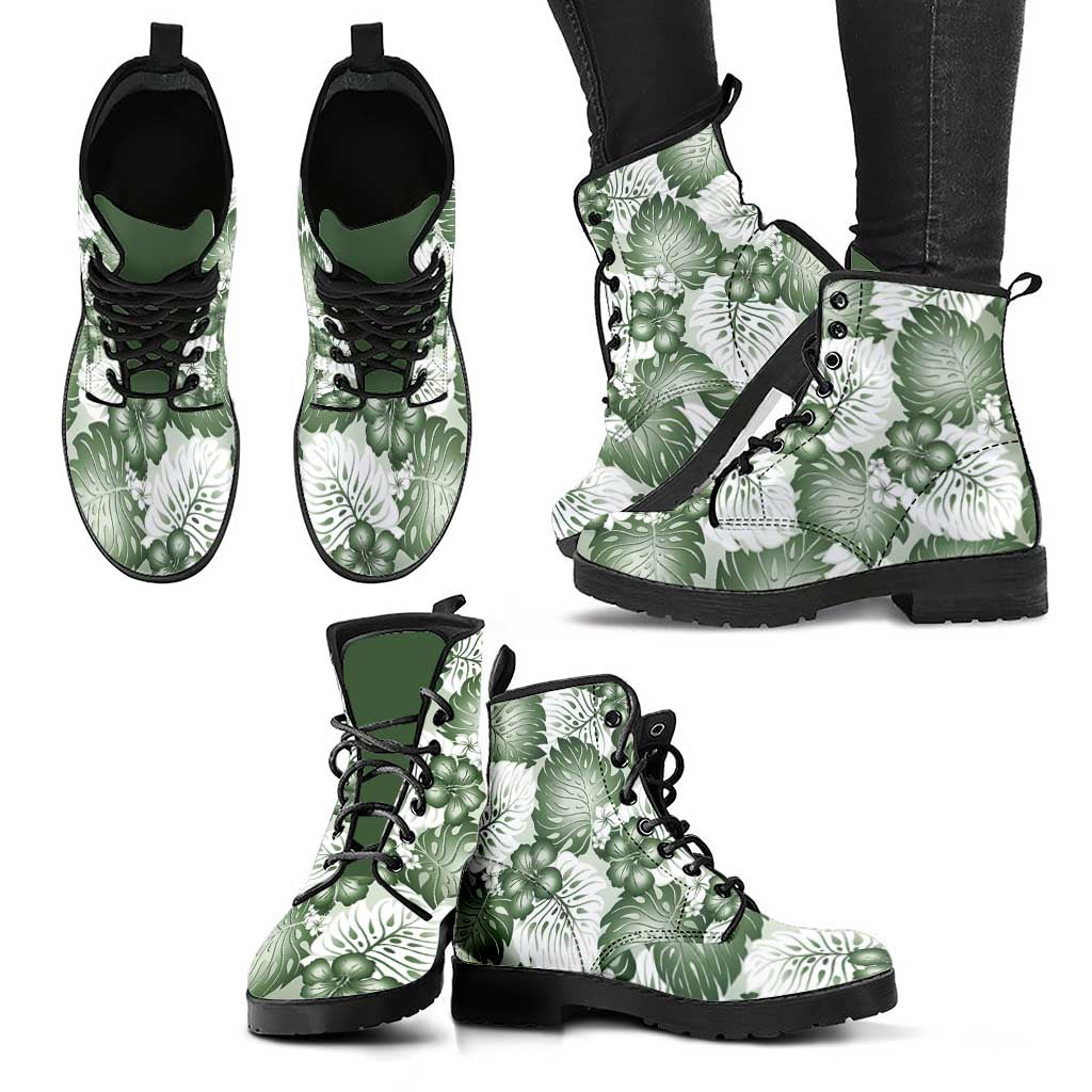 Sage Green Aloha Hawaii Leather Boots Monstera Hibiscus Plumeria Seamless Vibes - Polynesian Pride