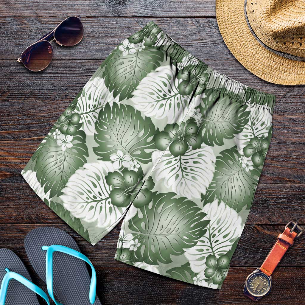 Sage Green Aloha Hawaii Shorts for Men Monstera Hibiscus Plumeria Seamless Vibes - Polynesian Pride
