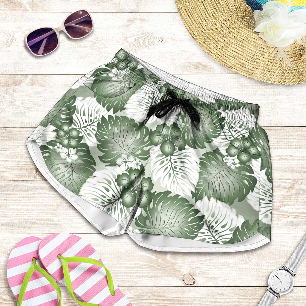 Sage Green Aloha Hawaii Shorts for Women Monstera Hibiscus Plumeria Seamless Vibes - Polynesian Pride