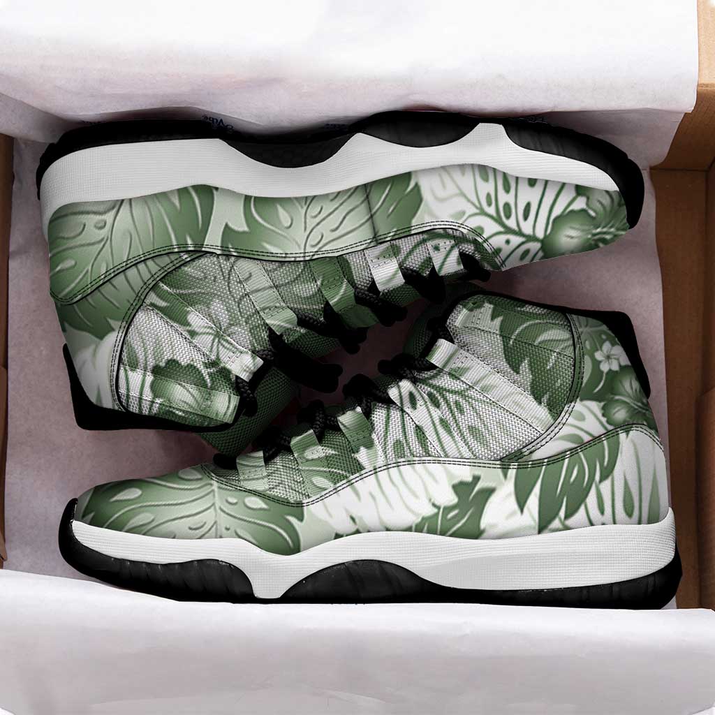 Sage Green Aloha Hawaii Sneakers J11 Monstera Hibiscus Plumeria Seamless Vibes - Polynesian Pride