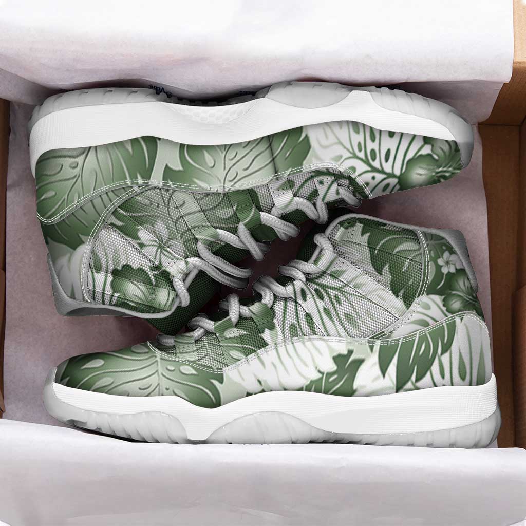 Sage Green Aloha Hawaii Sneakers J11 Monstera Hibiscus Plumeria Seamless Vibes - Polynesian Pride