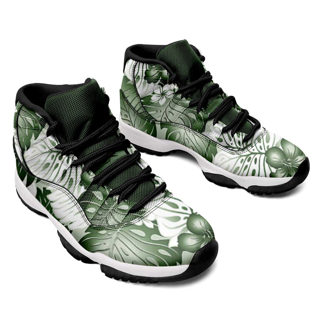 Sage Green Aloha Hawaii Sneakers J11 Monstera Hibiscus Plumeria Seamless Vibes - Polynesian Pride