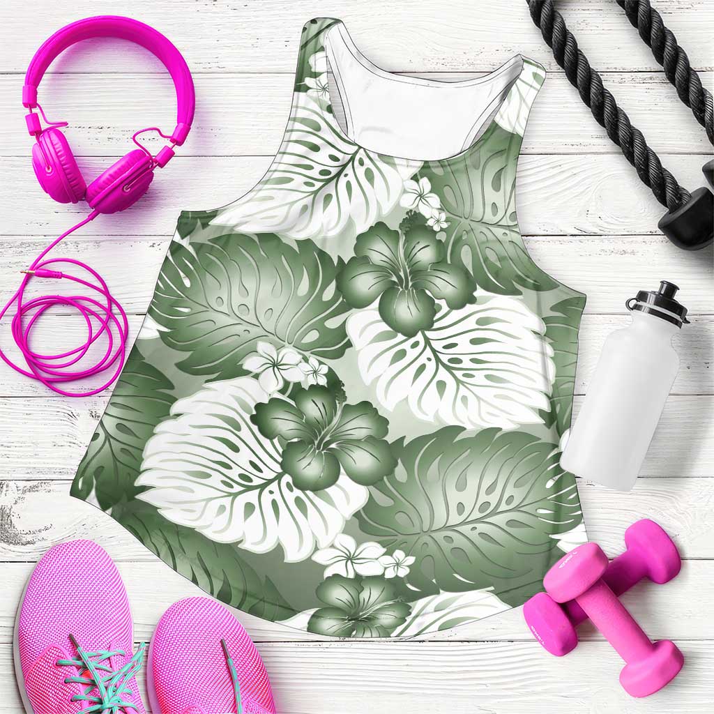 Sage Green Aloha Hawaii Women Racerback Tank Monstera Hibiscus Plumeria Seamless Vibes - Polynesian Pride