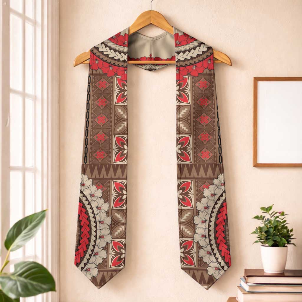 Samoa Language Week Graduation Stole Samoan Motif With Red Hibiscus LT05 One Size Beige - Polynesian Pride