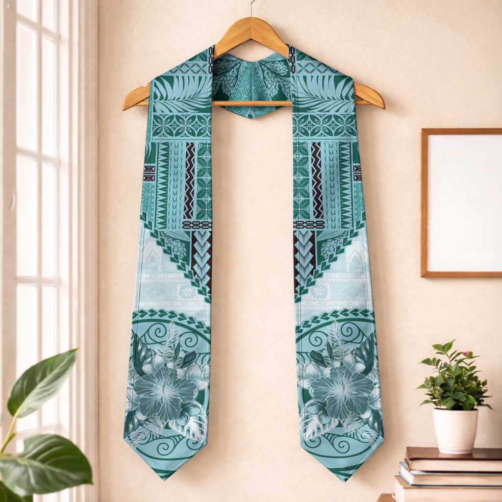 Samoa Siapo Elegant Graduation Stole Hibiscus Teal Motifs LT05 One Size Teal - Polynesian Pride