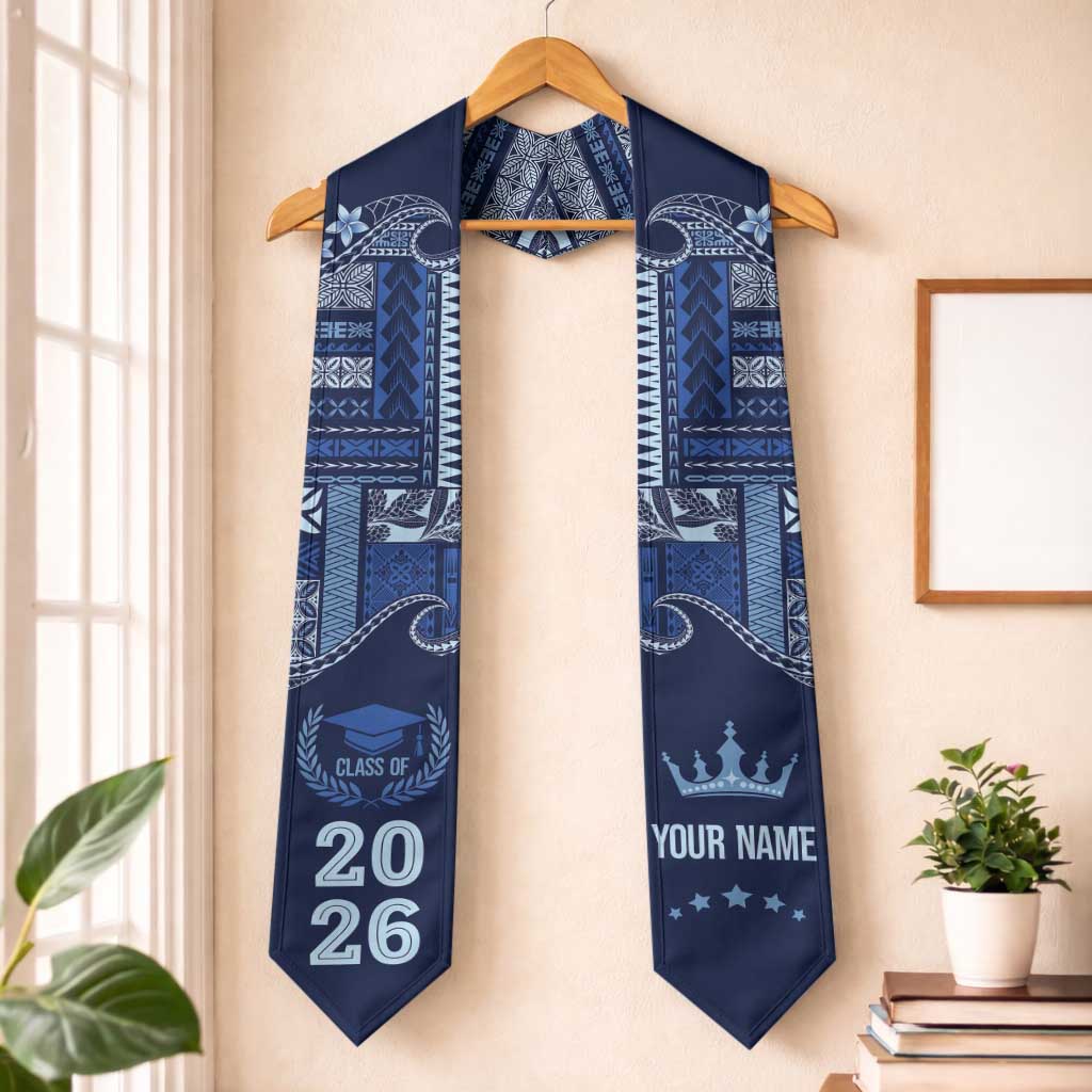 Samoa Siapo Mamanu Custom Graduation Stole Blue Waves Motifs LT7 One Size Navy Blue - Polynesian Pride