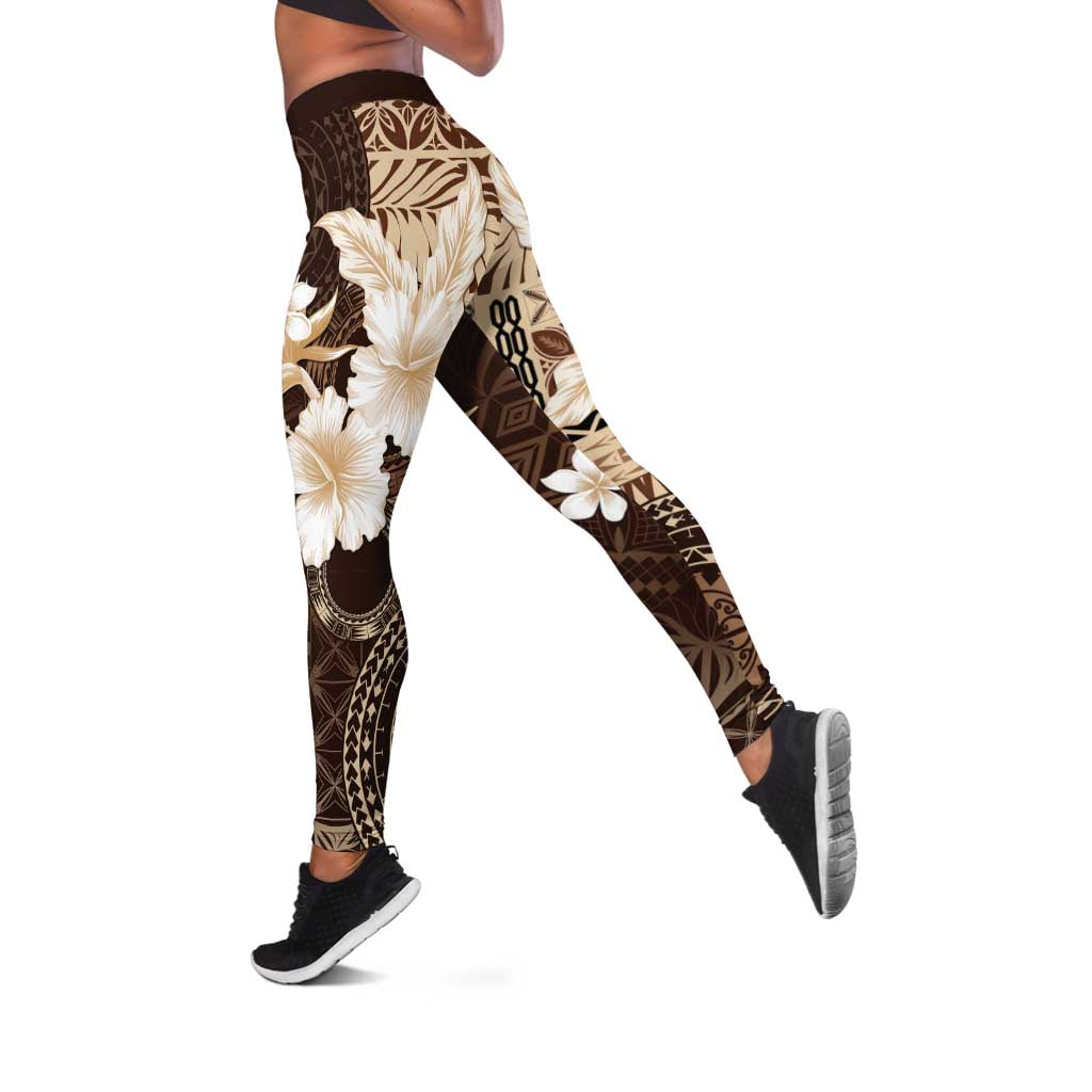 Samoa Siapo Pattern With Brown Hibiscus Leggings - Polynesian Pride