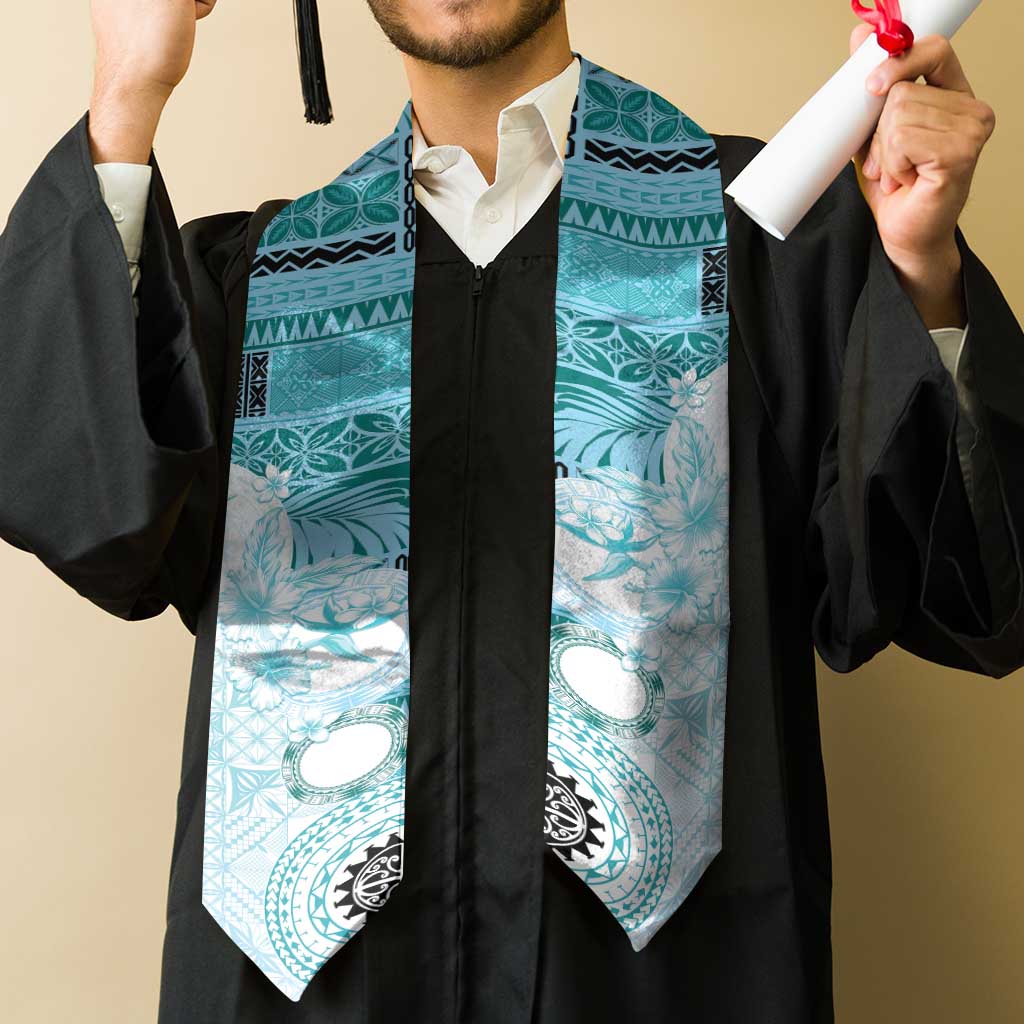 Samoa Siapo Pattern With Teal Hibiscus Graduation Stole LT05 - Polynesian Pride