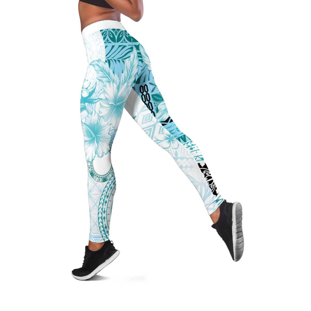Samoa Siapo Pattern With Teal Hibiscus Leggings - Polynesian Pride