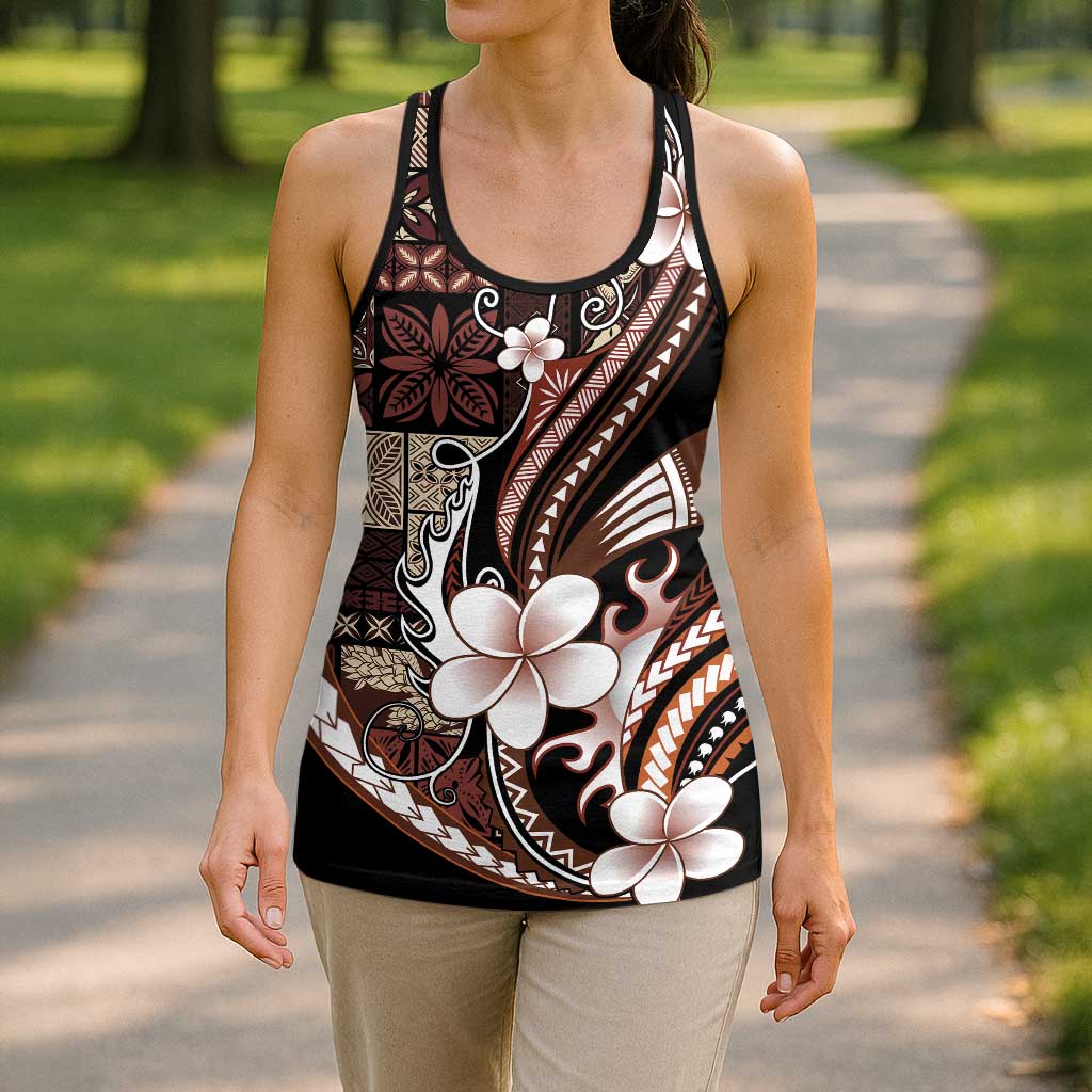 Samoa Siapo Tribal Pattern Hollow Tank Top Brown Polynesian Plumeria Tapa Motif LT9 - Polynesian Pride