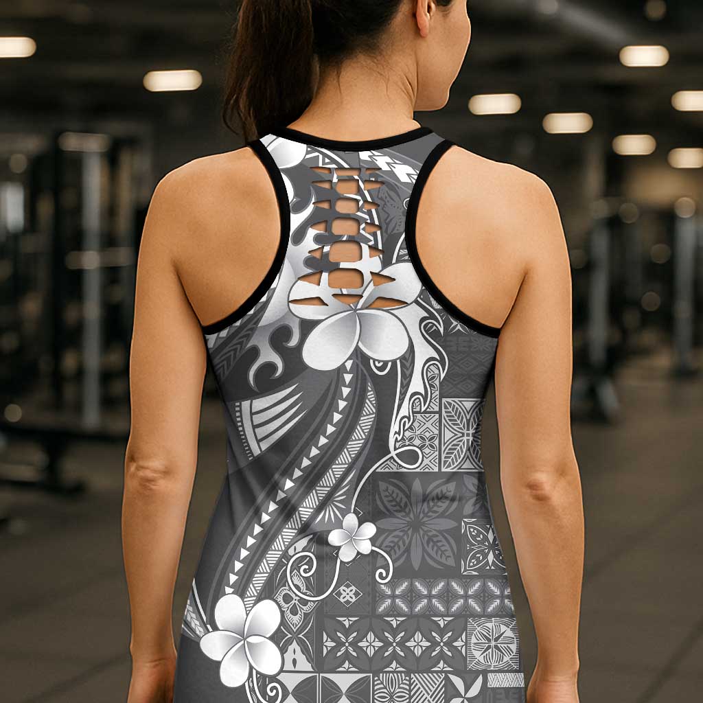 Samoa Siapo Tribal Pattern Hollow Tank Top Light Gray Polynesian Plumeria Tapa Motif LT9 - Polynesian Pride