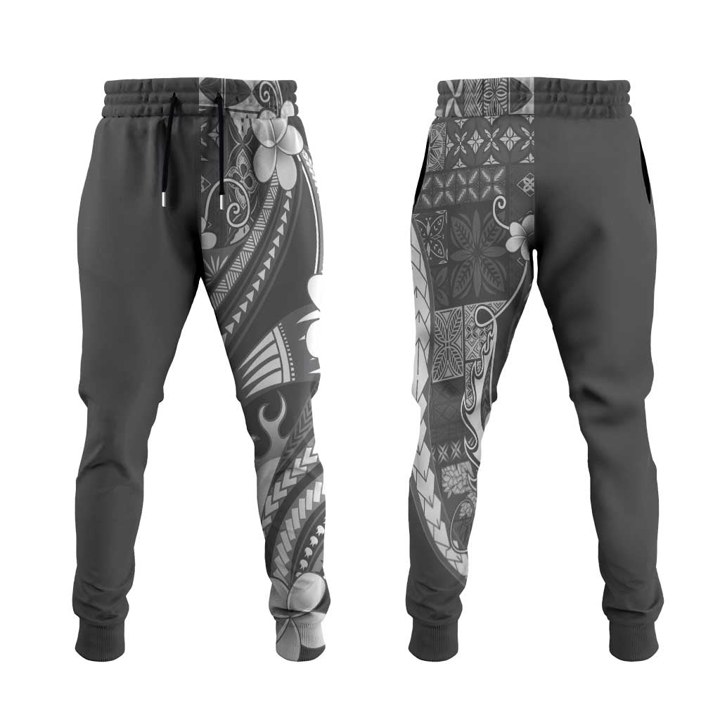 Samoa Siapo Tribal Pattern Jogger Pants Light Gray Polynesian Plumeria Tapa Motif LT9 Gray - Polynesian Pride