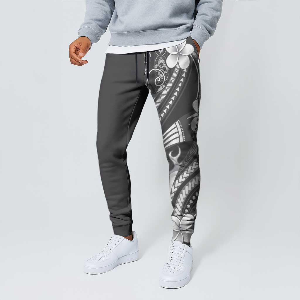 Samoa Siapo Tribal Pattern Jogger Pants Light Gray Polynesian Plumeria Tapa Motif LT9 - Polynesian Pride