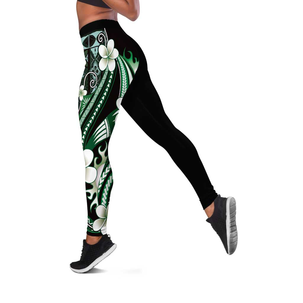Samoa Siapo Tribal Pattern Leggings Forest Green Polynesian Plumeria Tapa Motif