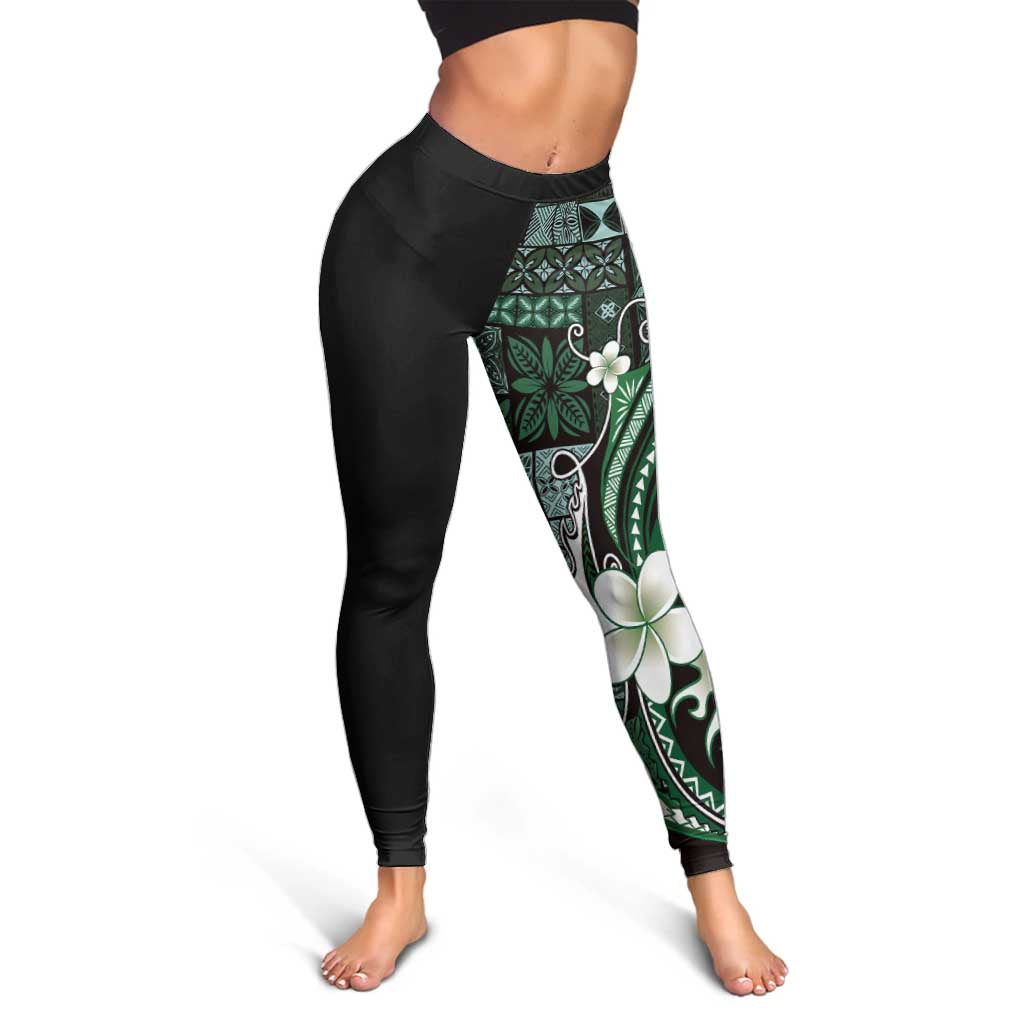 Samoa Siapo Tribal Pattern Leggings Forest Green Polynesian Plumeria Tapa Motif