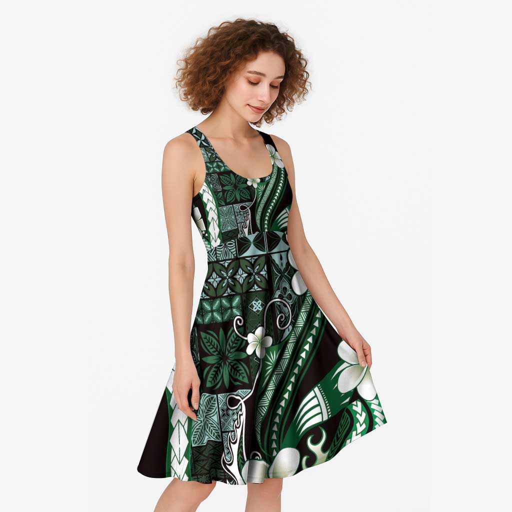Samoa Siapo Tribal Pattern Midi Dress Forest Green Polynesian Plumeria Tapa Motif LT9 - Polynesian Pride
