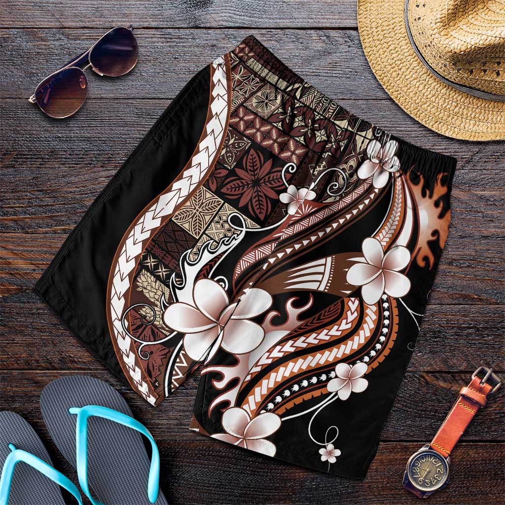 Samoa Siapo Tribal Pattern Shorts for Men Brown Polynesian Plumeria Tapa Motif LT9 Brown - Polynesian Pride