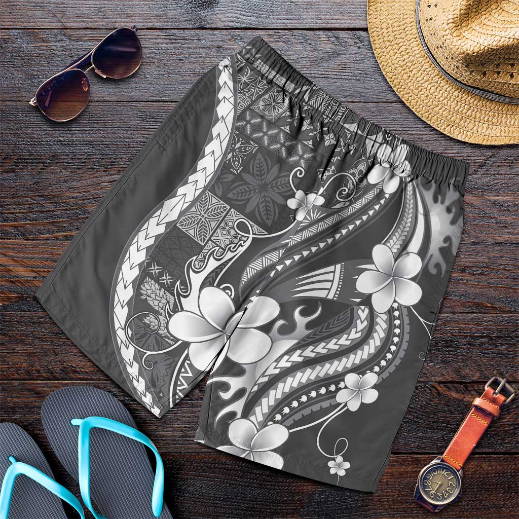 Samoa Siapo Tribal Pattern Shorts for Men Light Gray Polynesian Plumeria Tapa Motif LT9 Gray - Polynesian Pride