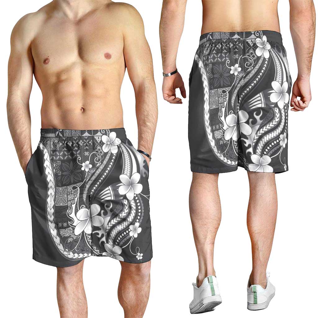 Samoa Siapo Tribal Pattern Shorts for Men Light Gray Polynesian Plumeria Tapa Motif LT9 - Polynesian Pride