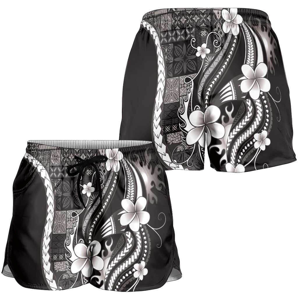 Samoa Siapo Tribal Pattern Shorts for Women Black Polynesian Plumeria Tapa Motif LT9 - Polynesian Pride