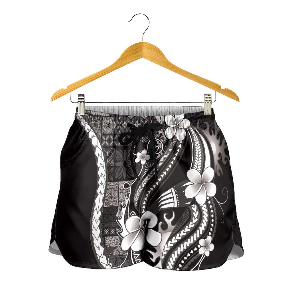 Samoa Siapo Tribal Pattern Shorts for Women Black Polynesian Plumeria Tapa Motif LT9 - Polynesian Pride