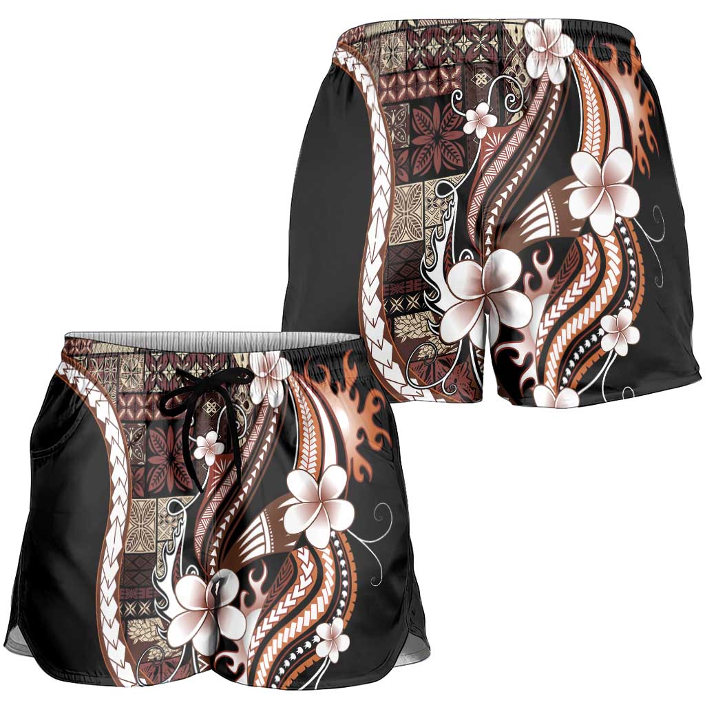 Samoa Siapo Tribal Pattern Shorts for Women Brown Polynesian Plumeria Tapa Motif LT9 - Polynesian Pride