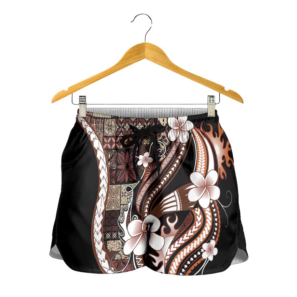 Samoa Siapo Tribal Pattern Shorts for Women Brown Polynesian Plumeria Tapa Motif LT9 - Polynesian Pride