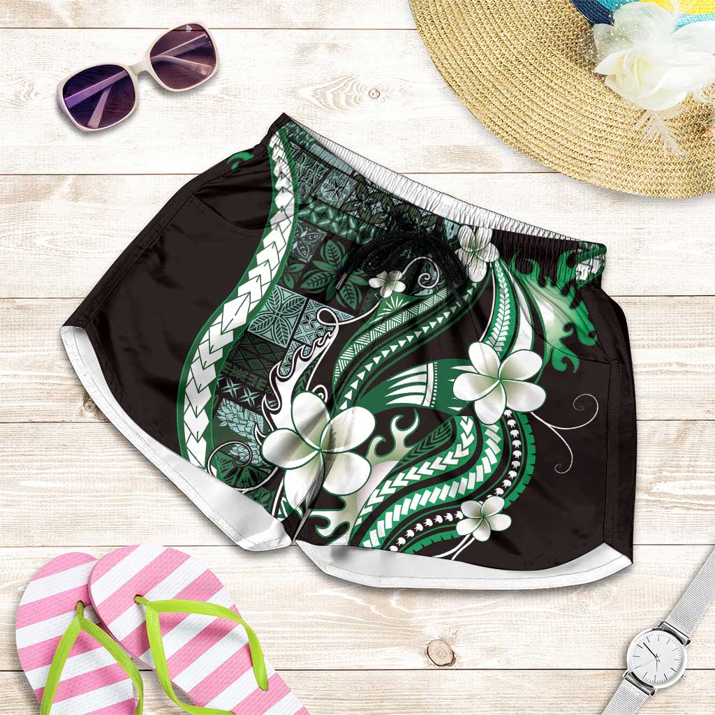 Samoa Siapo Tribal Pattern Shorts for Women Forest Green Polynesian Plumeria Tapa Motif LT9 Green - Polynesian Pride