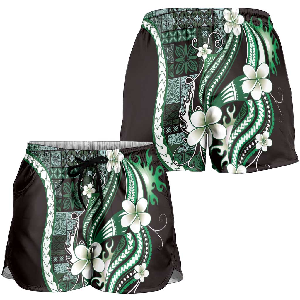 Samoa Siapo Tribal Pattern Shorts for Women Forest Green Polynesian Plumeria Tapa Motif LT9 - Polynesian Pride
