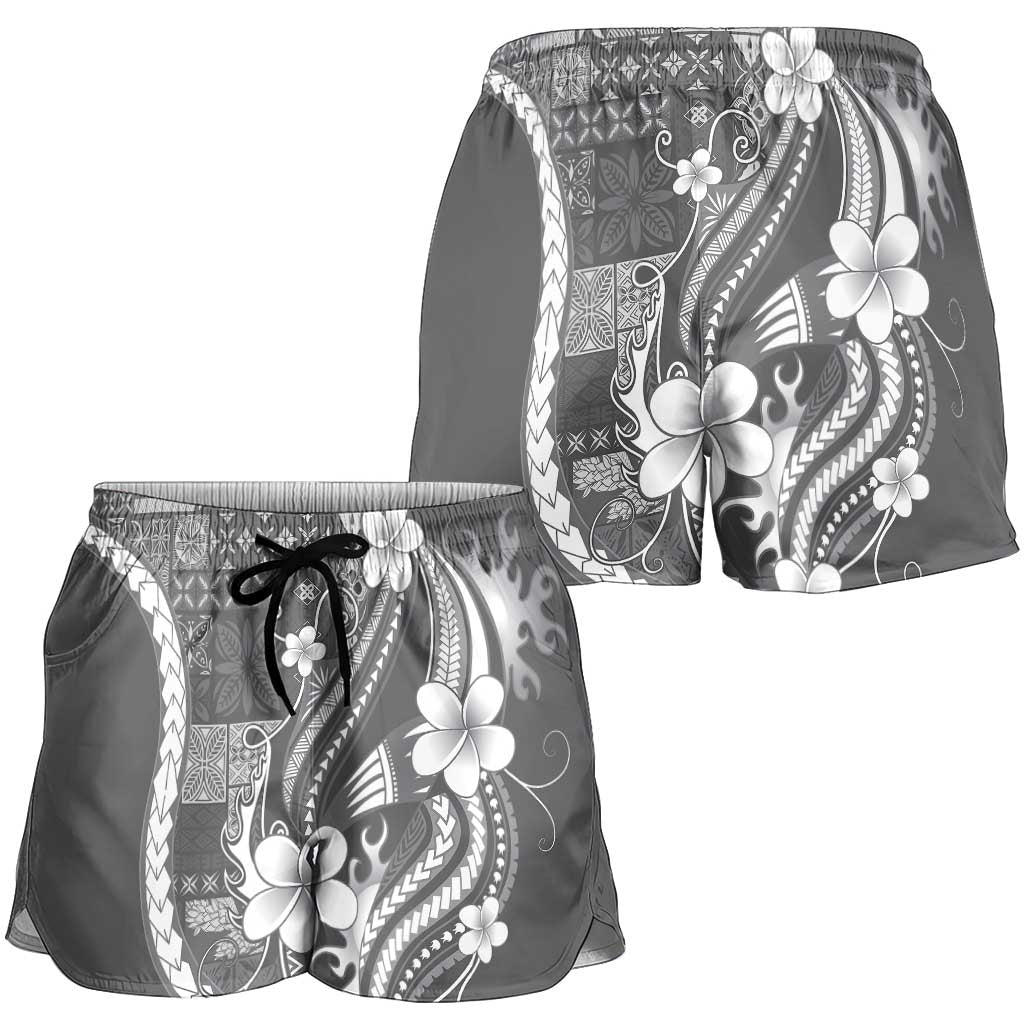 Samoa Siapo Tribal Pattern Shorts for Women Light Gray Polynesian Plumeria Tapa Motif LT9 - Polynesian Pride