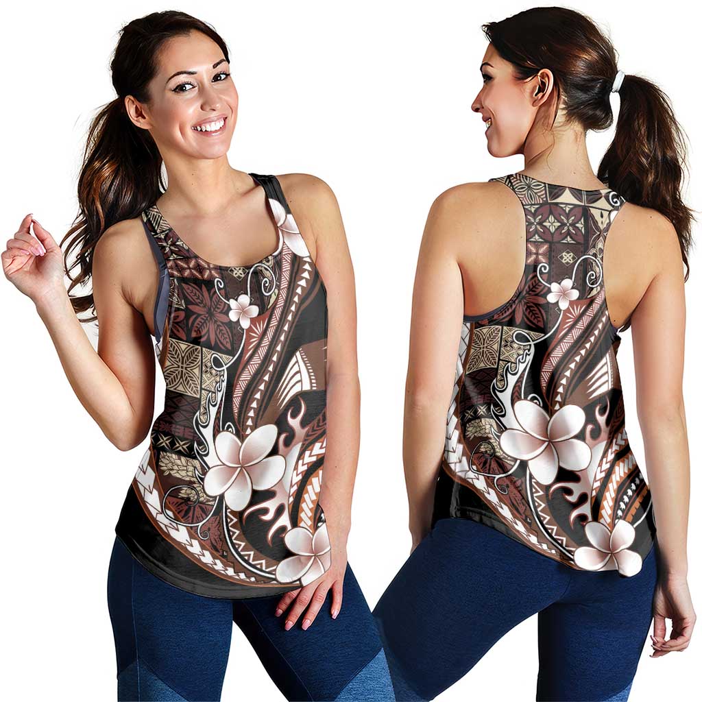 Samoa Siapo Tribal Pattern Women Racerback Tank Brown Polynesian Plumeria Tapa Motif LT9 - Polynesian Pride
