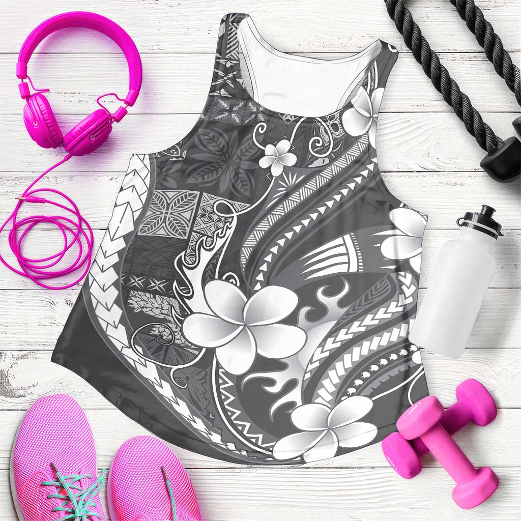 Samoa Siapo Tribal Pattern Women Racerback Tank Light Gray Polynesian Plumeria Tapa Motif LT9 Gray - Polynesian Pride