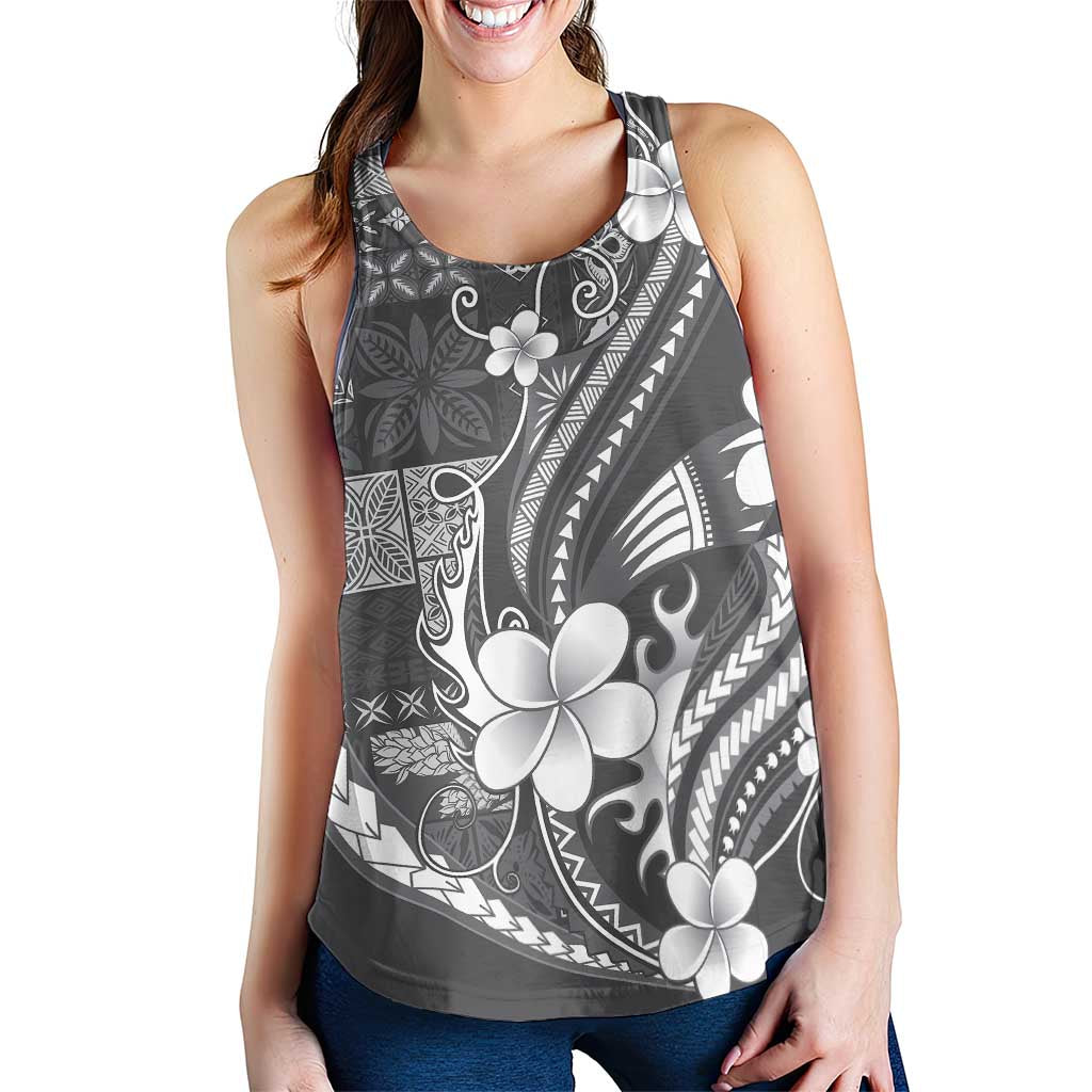 Samoa Siapo Tribal Pattern Women Racerback Tank Light Gray Polynesian Plumeria Tapa Motif LT9 - Polynesian Pride