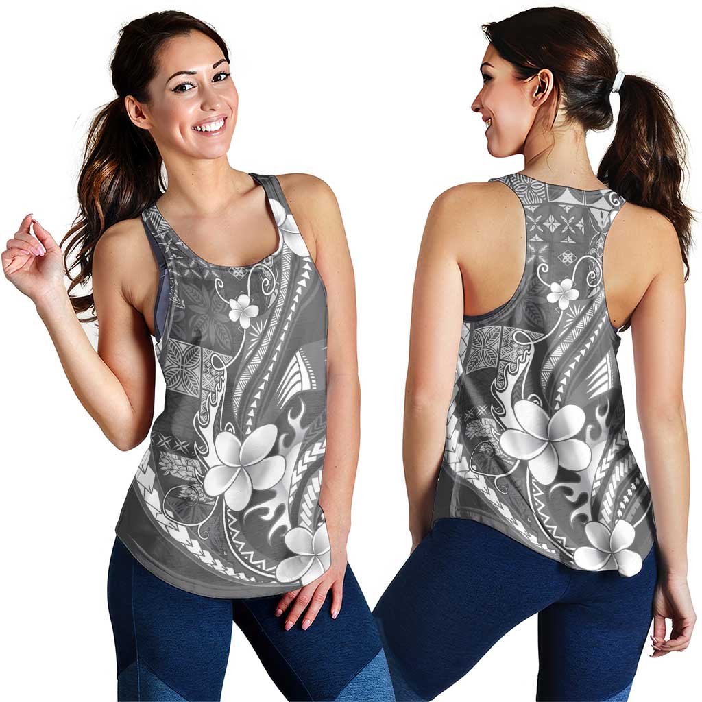 Samoa Siapo Tribal Pattern Women Racerback Tank Light Gray Polynesian Plumeria Tapa Motif LT9 - Polynesian Pride