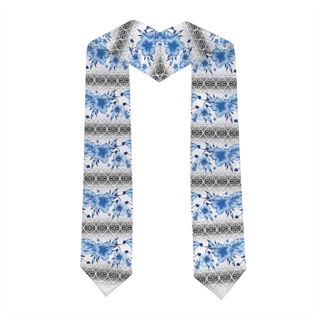 Samoa White Sunday Graduation Stole Samoan Tapa Blue Hibiscus LT05 - Polynesian Pride