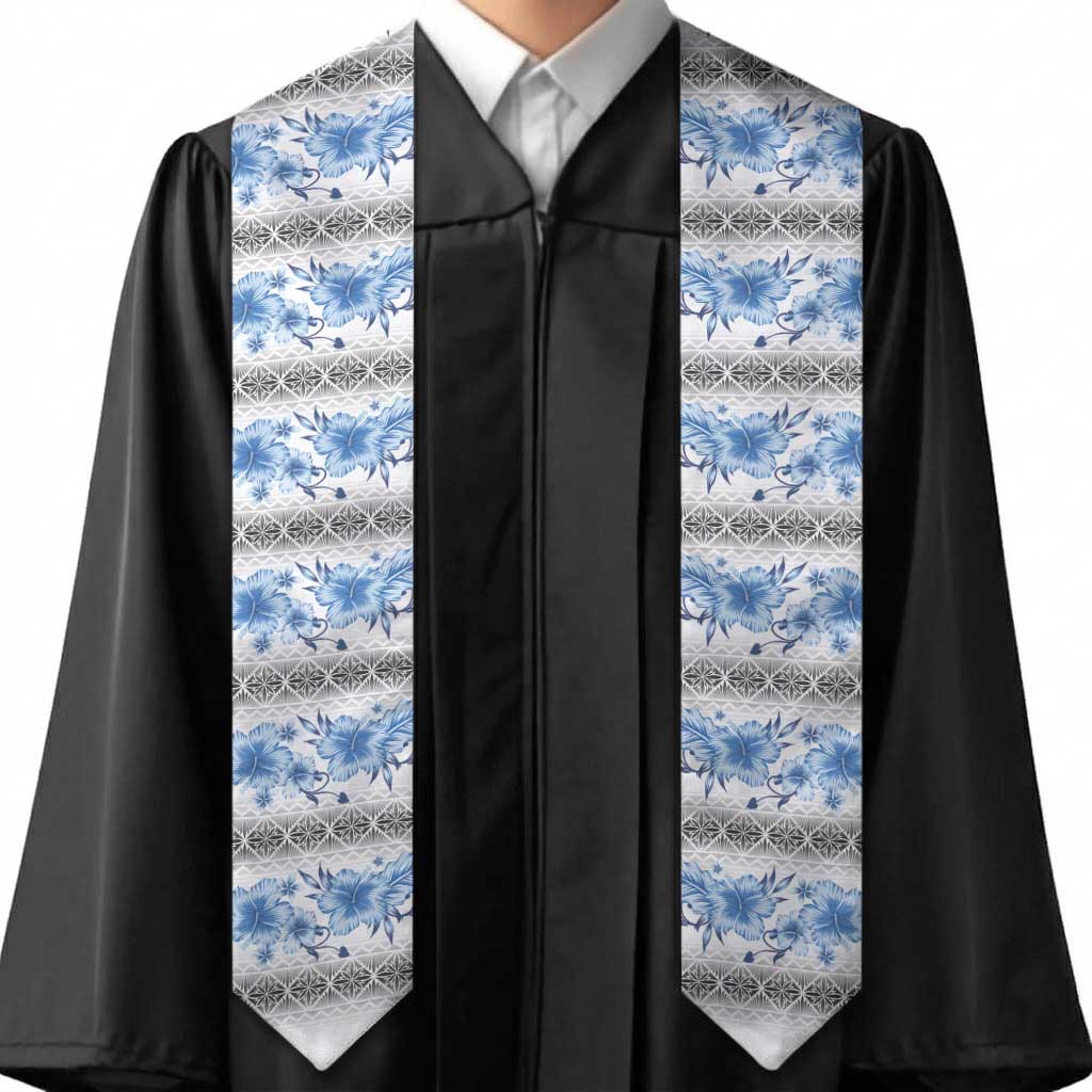Samoa White Sunday Graduation Stole Samoan Tapa Blue Hibiscus LT05 - Polynesian Pride
