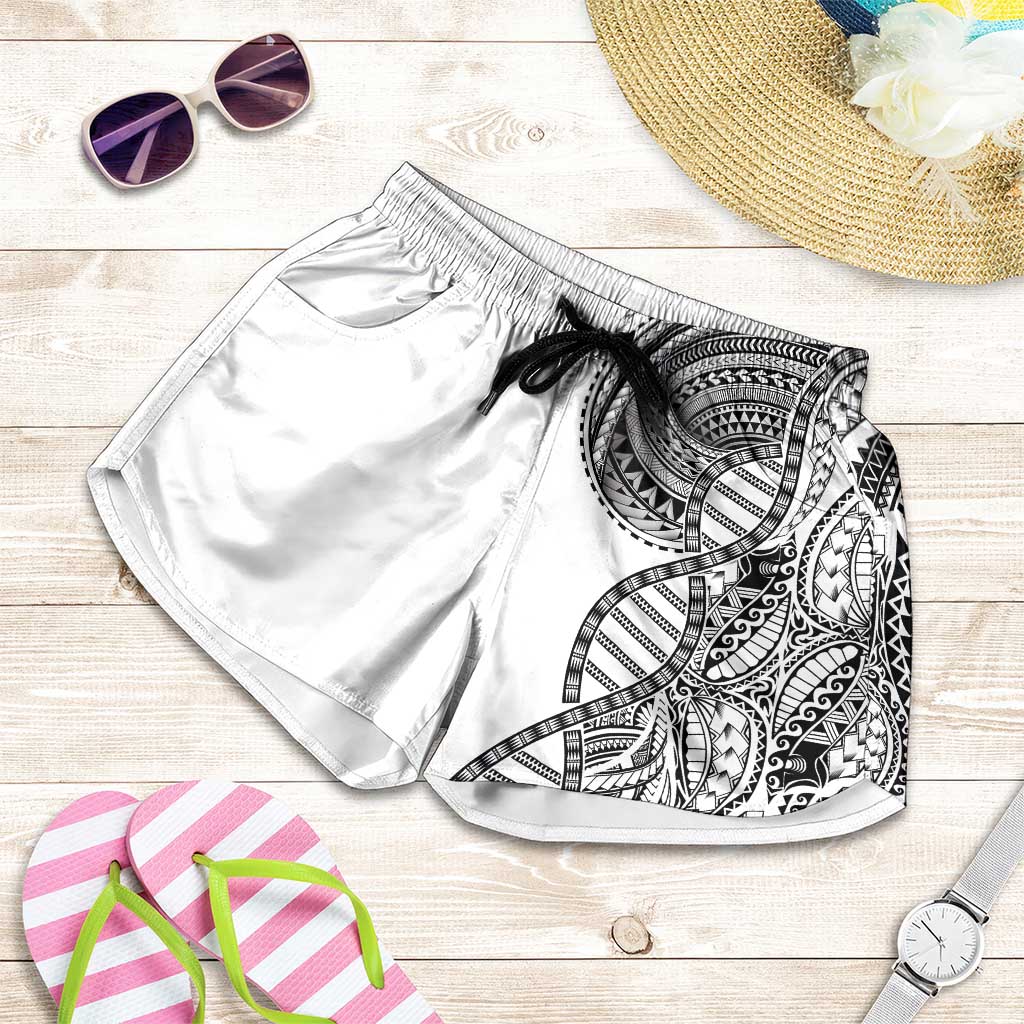 Samoan DNA Art Tattoo Shorts for Women Polynesian Pattern White Color