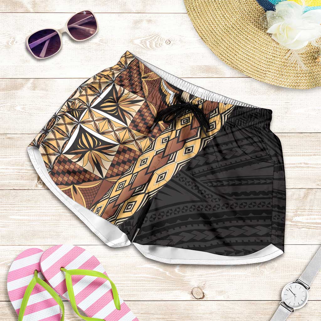 Samoan Siapo Shorts for Women Tatau Pattern Half Style Retro Mode LT03 Brown - Polynesian Pride