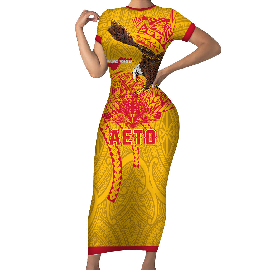 Personalized American Samoa Fautasi Race Short Red Cuff Sleeve Bodycon Dress Aeto Pago Pago with Eagle Samoan Tribal Patterns LT03 - Polynesian Pride