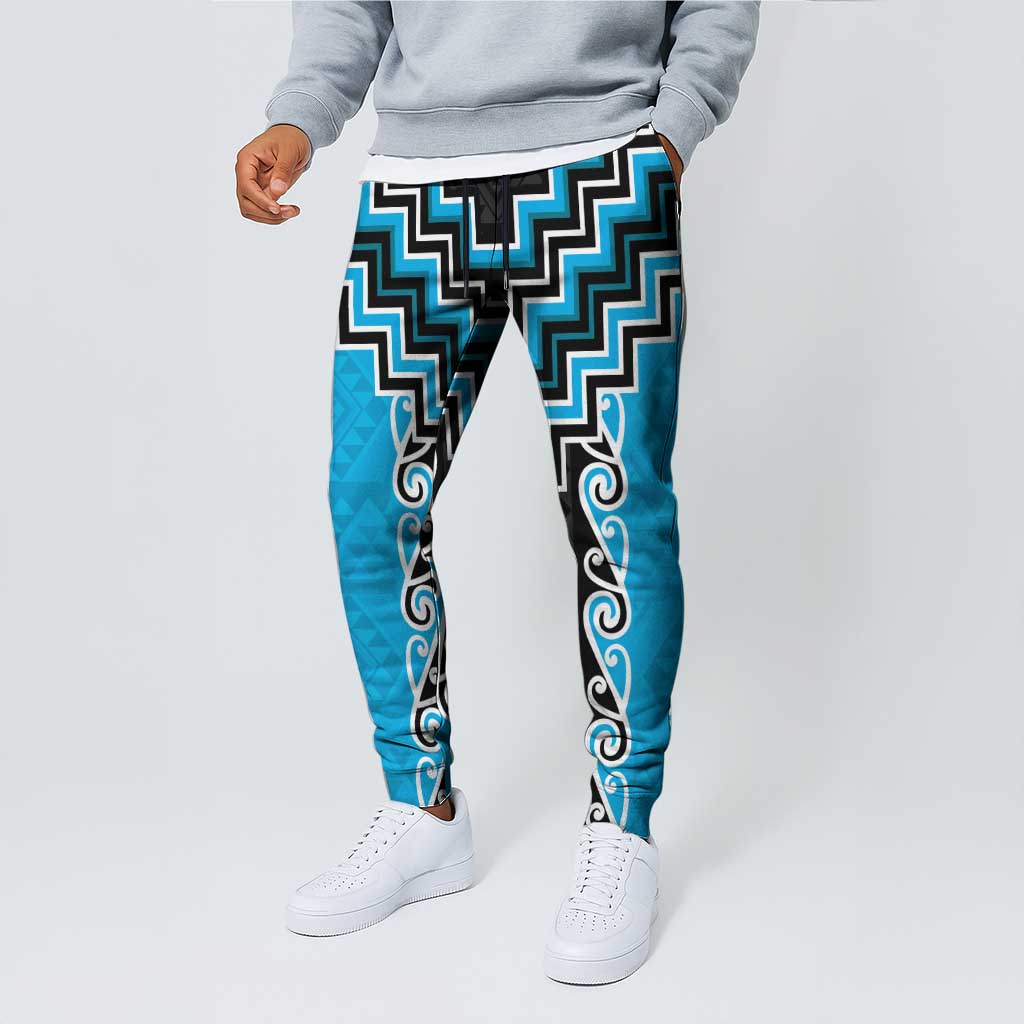 Sky Blue Niho Taniwha Mix Poutama Jogger Pants Unique Taniko Aotearoa LT01 - Polynesian Pride