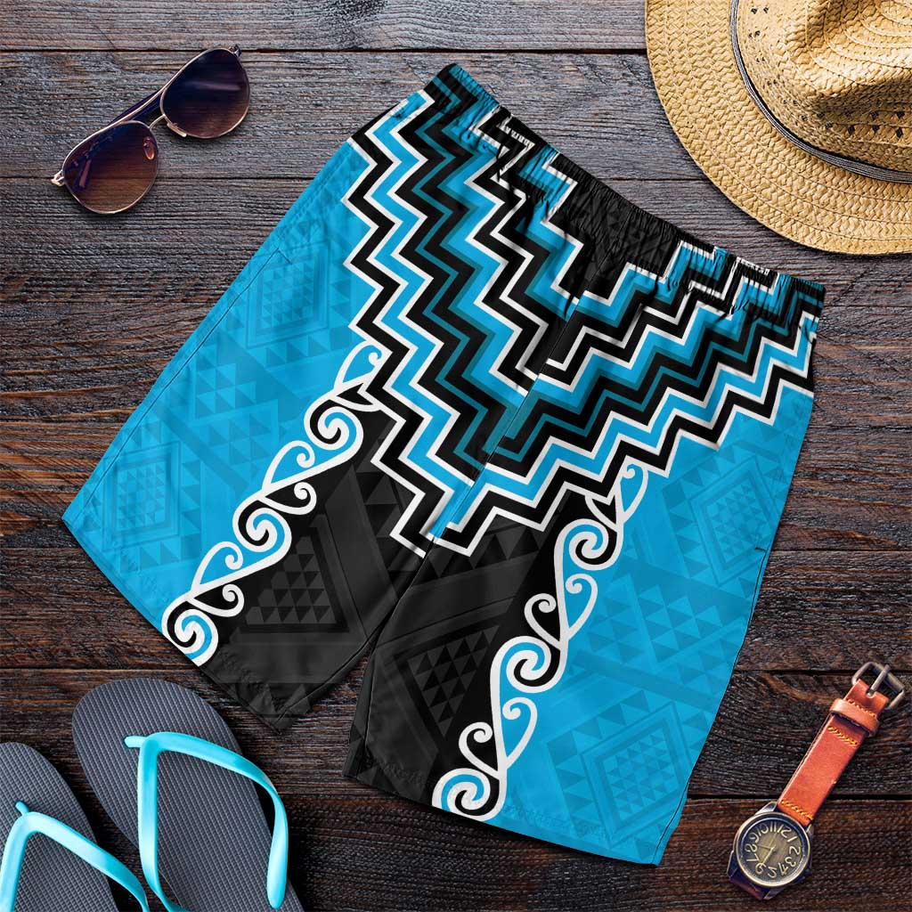 Sky Blue Niho Taniwha Mix Poutama Shorts for Men Unique Taniko Aotearoa LT01 Sky Blue - Polynesian Pride