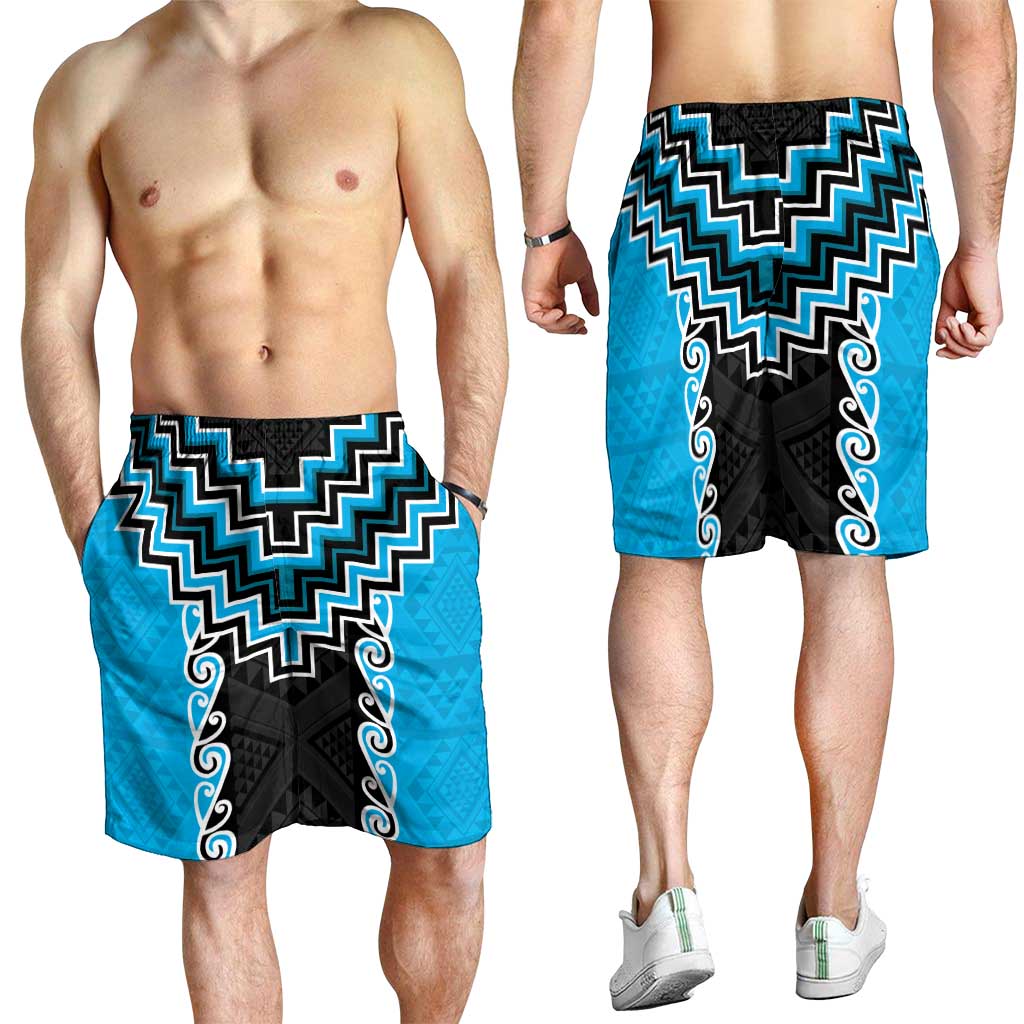 Sky Blue Niho Taniwha Mix Poutama Shorts for Men Unique Taniko Aotearoa LT01 - Polynesian Pride