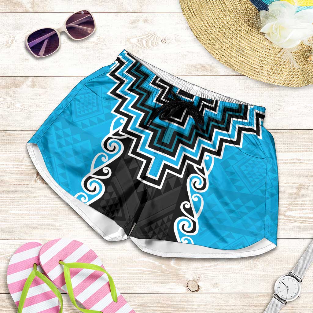 Sky Blue Niho Taniwha Mix Poutama Shorts for Women Unique Taniko Aotearoa LT01 Sky Blue - Polynesian Pride