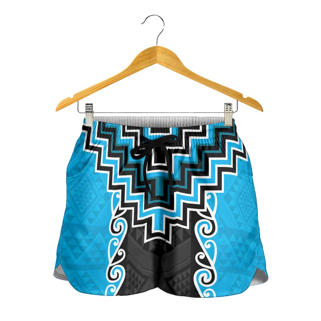 Sky Blue Niho Taniwha Mix Poutama Shorts for Women Unique Taniko Aotearoa LT01 - Polynesian Pride
