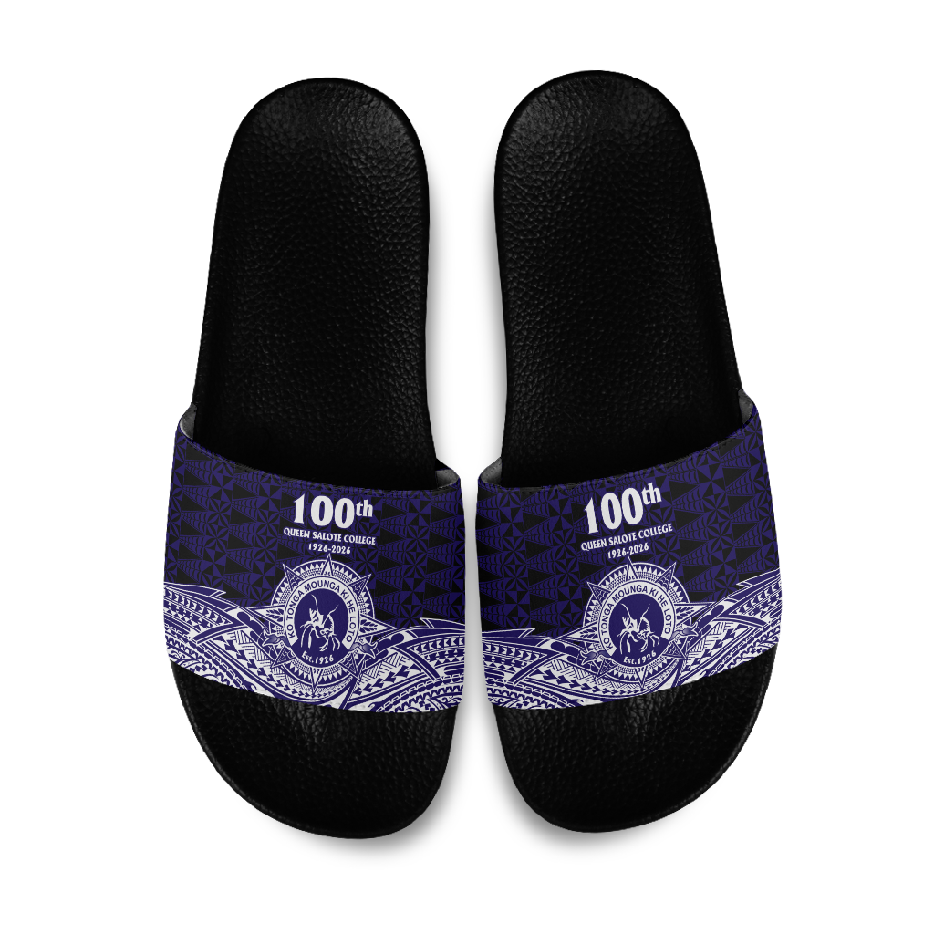 Tonga Queen Salote College 100th Years Slide Sandals Blue Tonga Kupesi Uniquely Pacific Art LT9