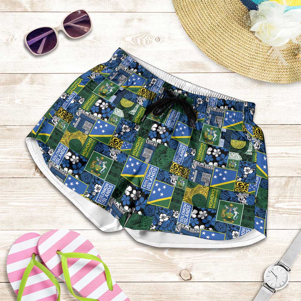 Solomon Islands Meri Kirihimete Shorts for Women Pacific Patchwork Xmas Vibes LT9 Blue - Polynesian Pride
