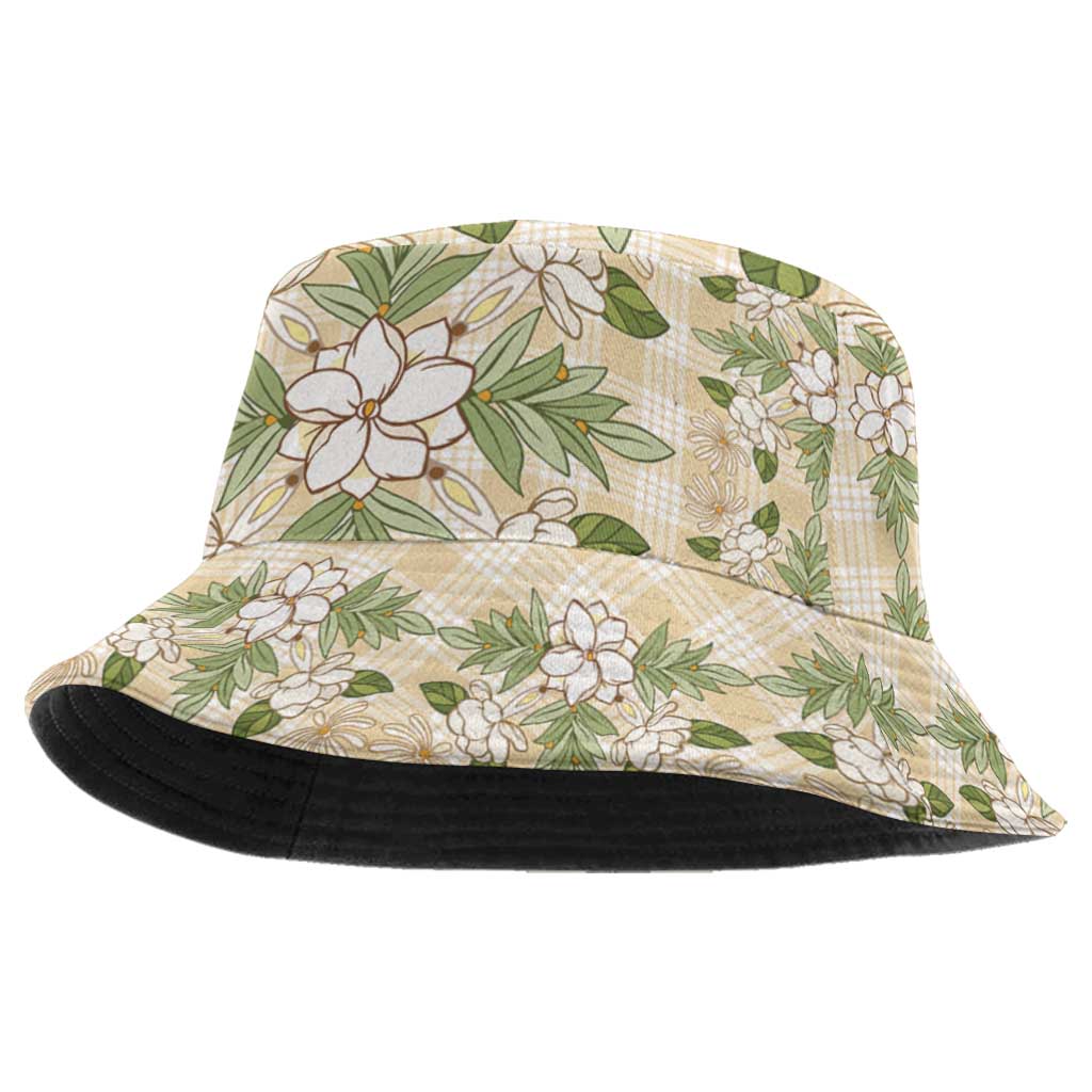 Squares Maile Leaf Bucket Hat Beige Palaka Hawaiian Quilt Pattern - Polynesian Pride